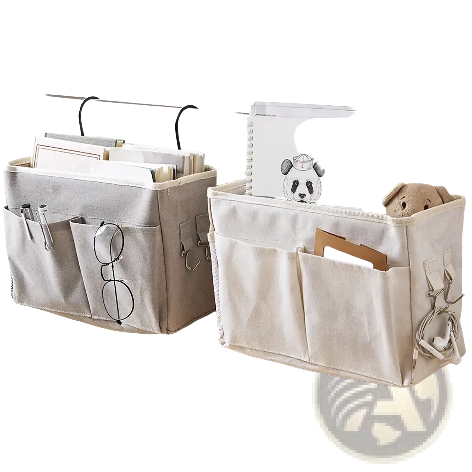 Beige linen bedside storage caddy desk organizer with multiple pockets and black hanging straps for easy access