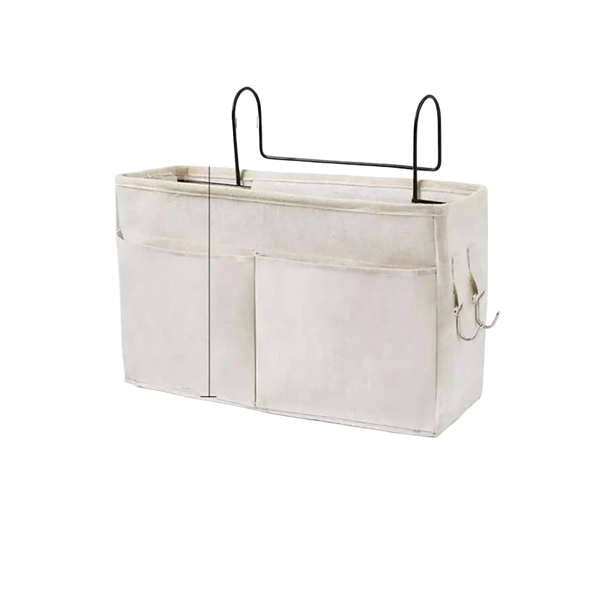 Beige linen bedside storage caddy hanging organizer with black metal handles and hooks for easy bedside storage