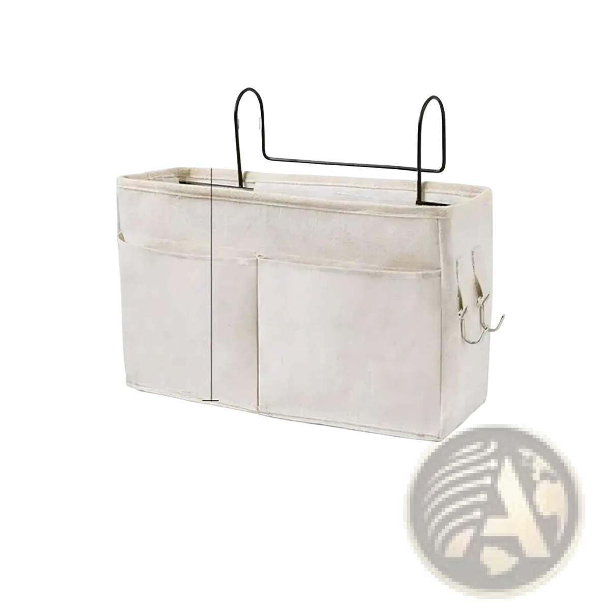 Beige linen bedside storage caddy hanging organizer with black metal handles and hooks for easy bedside storage