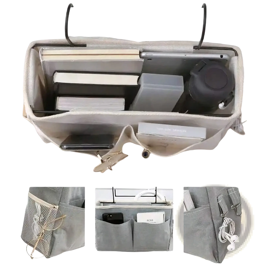Beige linen bedside storage caddy hanging organizer with multiple compartments and mesh pockets for over-the-door use