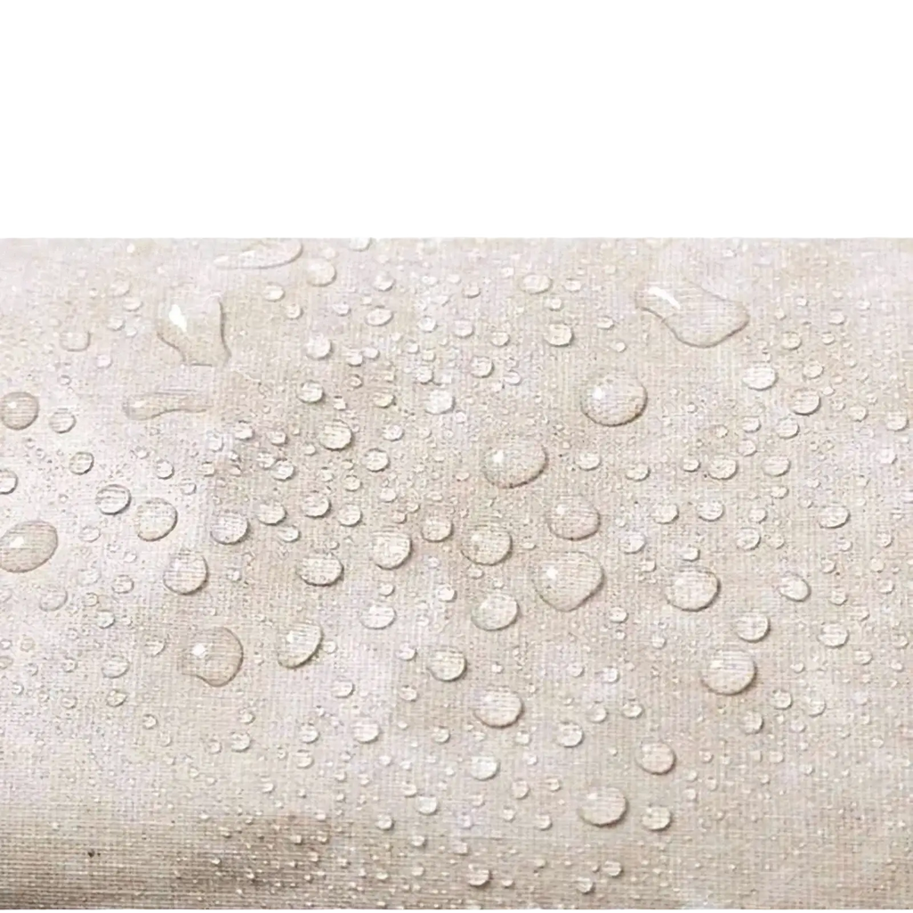 Beige linen bedside storage caddy showing textured waterproof inner surface with water droplets beading on the back side