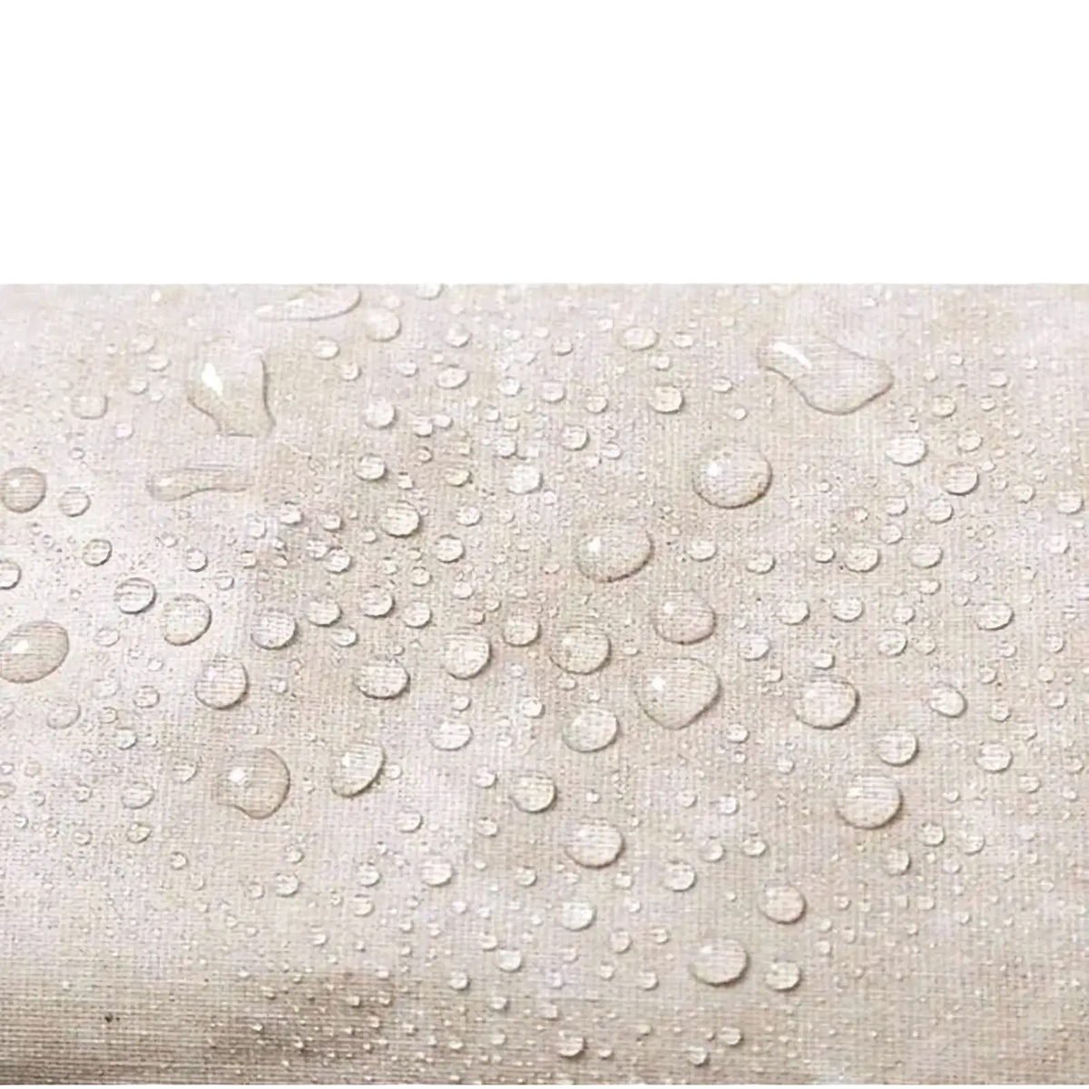 Beige linen bedside storage caddy showing textured waterproof inner surface with water droplets beading on the back side
