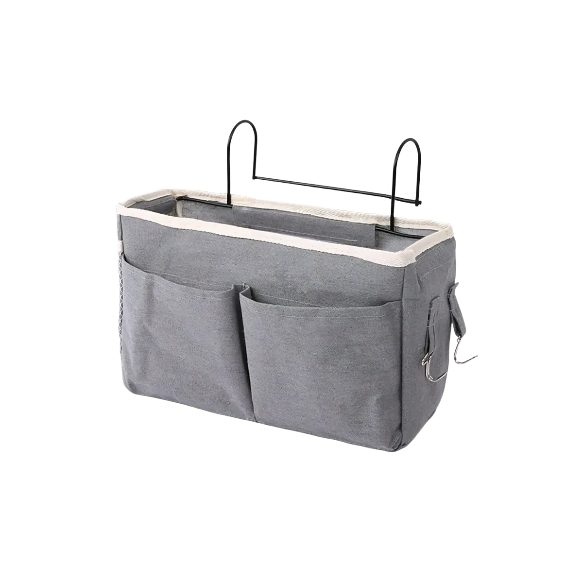 Gray linen bedside storage caddy hanging organizer with two front pockets and black metal hooks for easy attachment