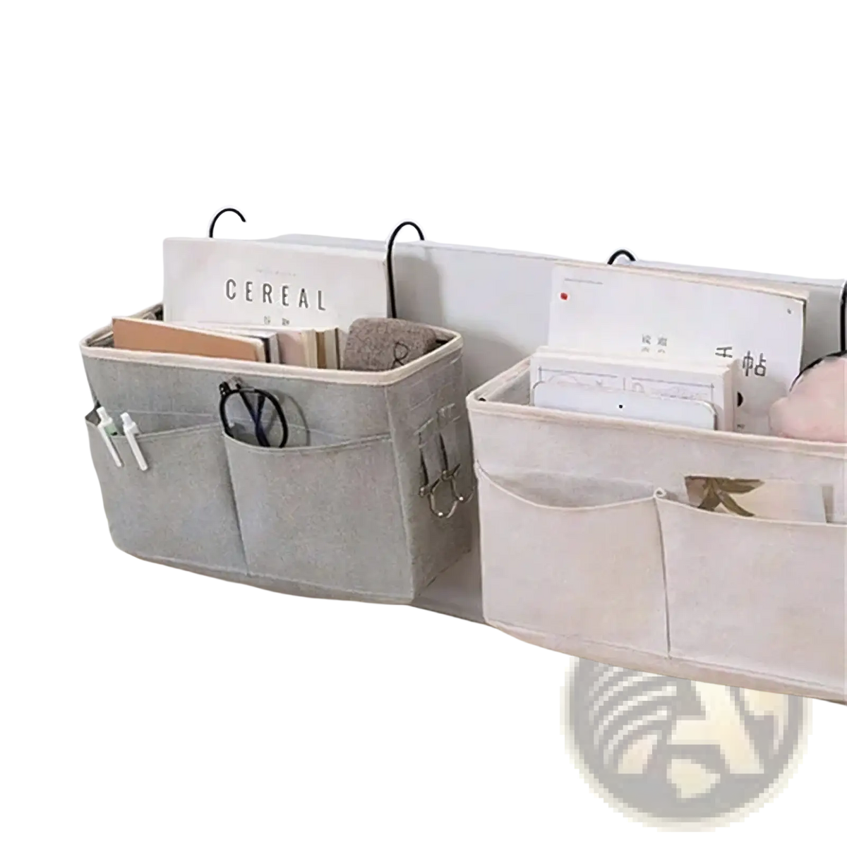 Gray linen bedside storage caddy hanging organizer with multiple pockets and black over-the-door hooks