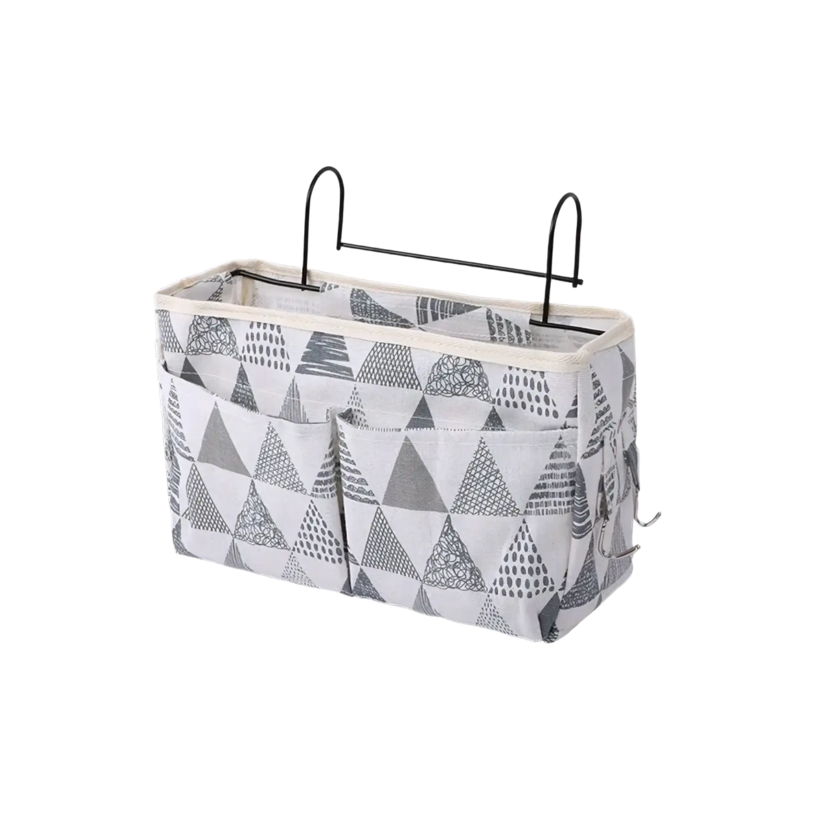 Gray and white geometric patterned linen bedside storage caddy hanging organizer with black metal hooks