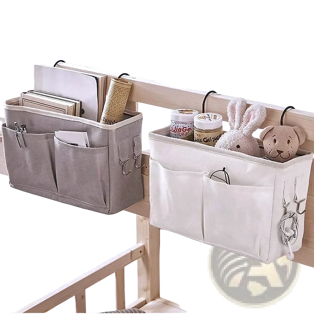 Two fabric bedside storage caddy linen hanging organizers in gray and white with multiple pockets and metal hooks for beds