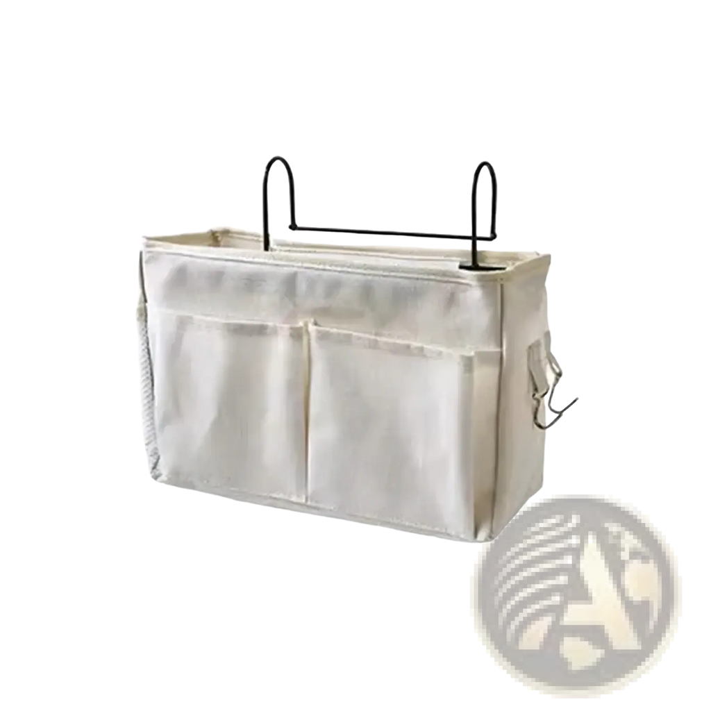 Beige linen bedside storage caddy hanging organizer with black metal hooks and side pockets for fabric overhead use