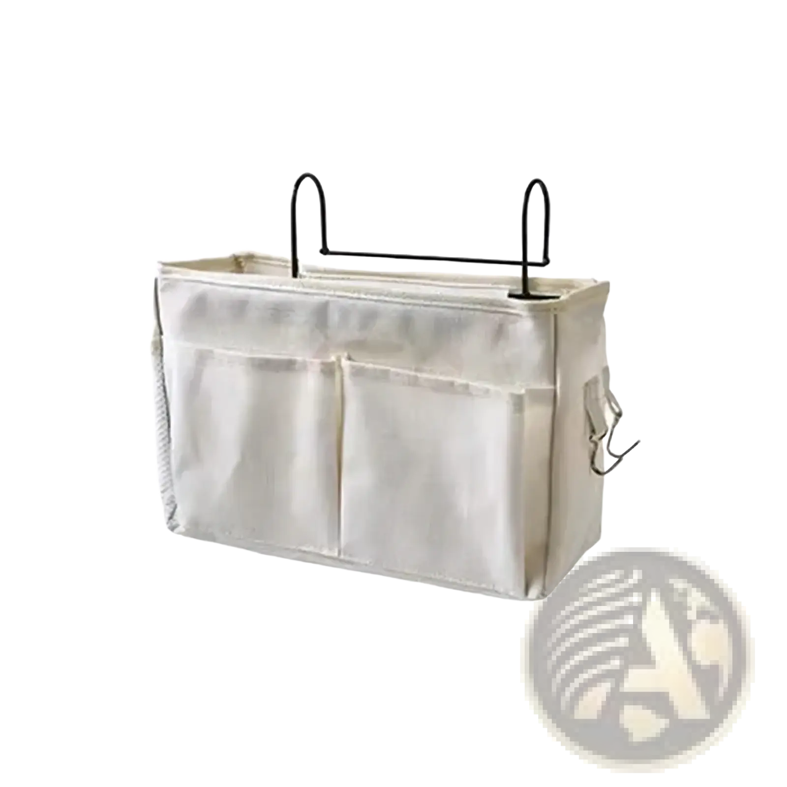 Beige linen bedside storage caddy hanging organizer with black metal hooks and side pockets for fabric overhead use