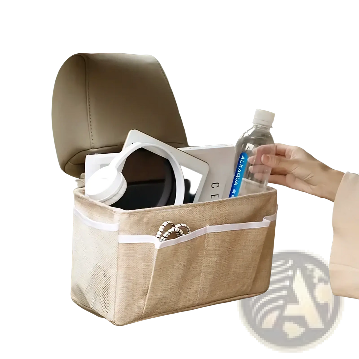 Beige linen car headrest organizer with white trim and mesh pockets for bedside storage caddy nursery use
