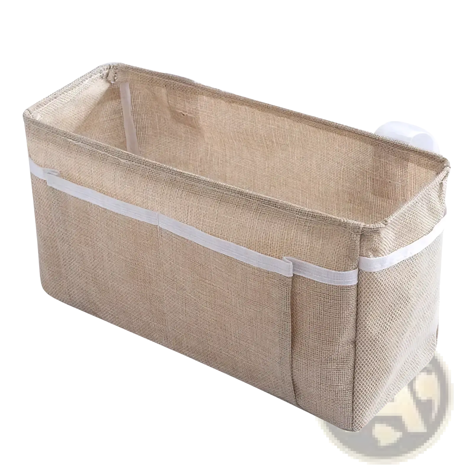 Beige woven fabric bedside storage caddy with white suction cups and elastic band for nursery organization