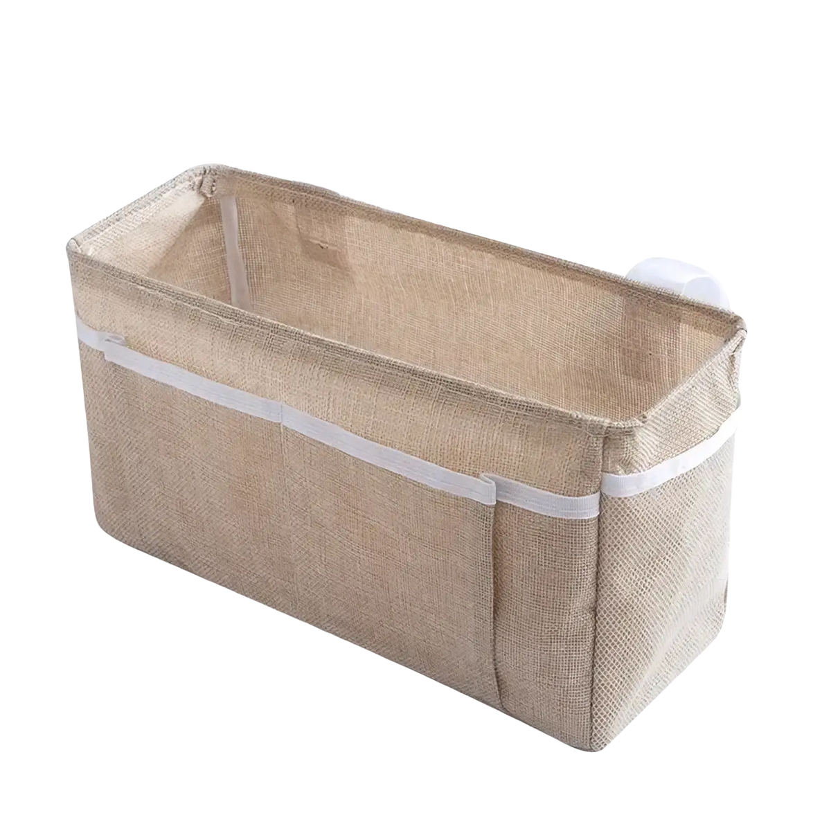 Beige woven fabric bedside storage caddy with white plastic hooks and trim for multi pocket nursery organization