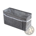 Gray textured fabric bedside storage caddy with white adhesive hooks and gray elastic band for nursery organization