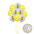 A bee birthday party balloon set with ten latex balloons five yellow with white polka dots and five white with bee designs