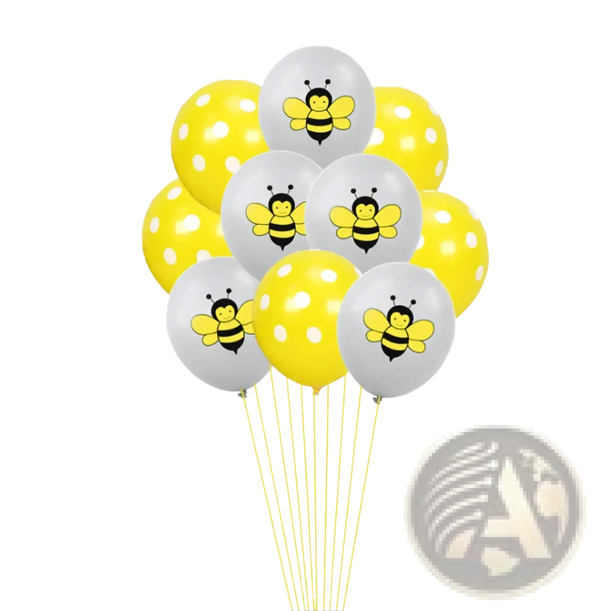 A bee birthday party balloon set with ten latex balloons five yellow with white polka dots and five white with bee designs