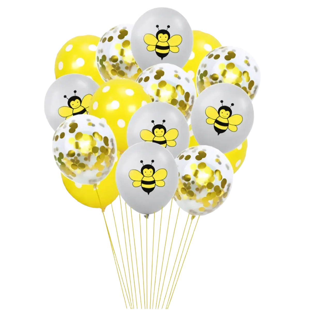 A bee birthday party balloon set featuring yellow and white latex balloons with bee prints and gold confetti filling