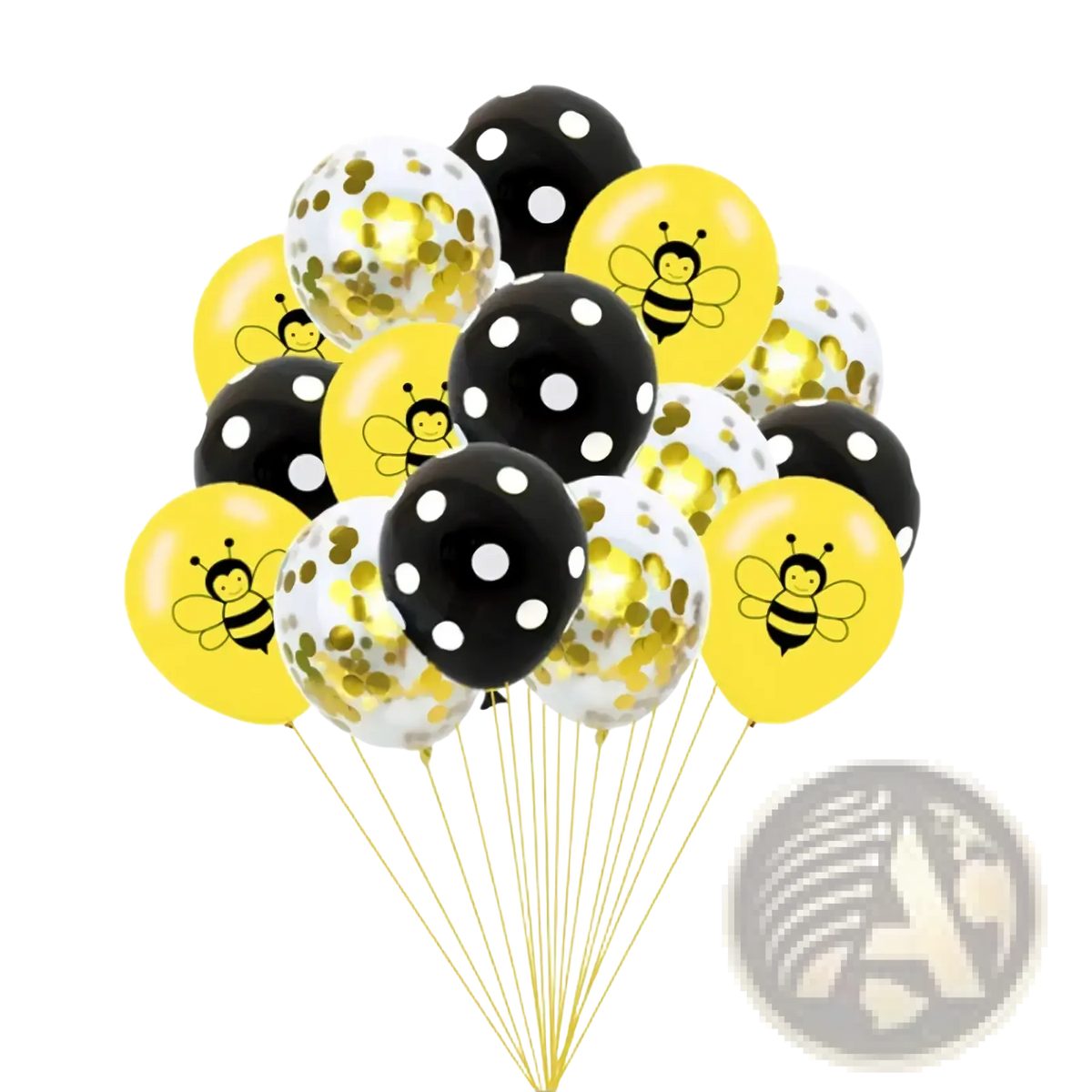 A bee birthday party balloon set featuring a cluster of festive yellow and black balloons with gold confetti