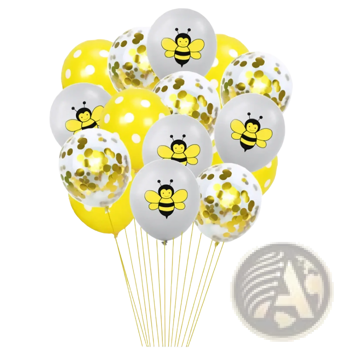 Bee birthday party balloon set featuring yellow and white balloons with bee designs and gold confetti accents