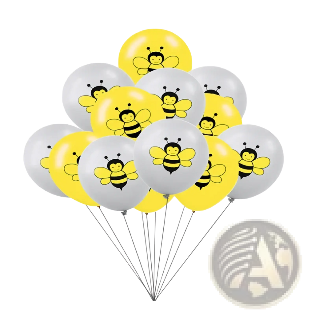 A bee birthday party balloon set featuring yellow and white latex balloons with black and yellow bee designs