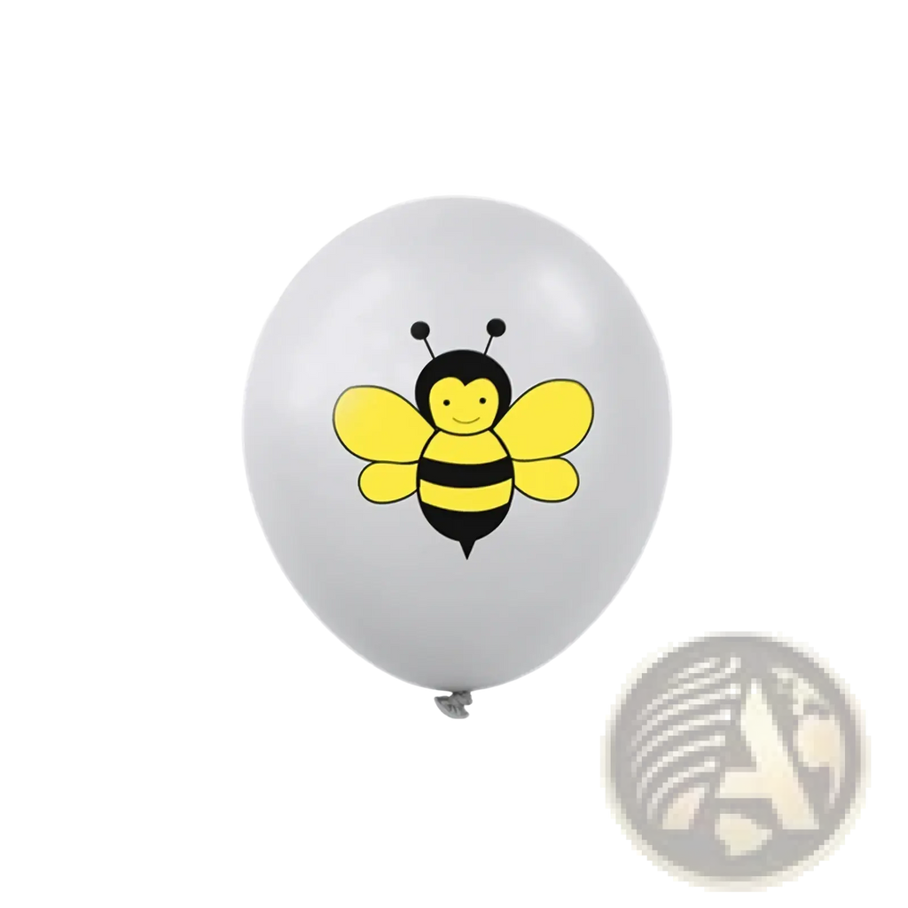 A white latex balloon featuring a cheerful yellow and black cartoon bee from the Bee Birthday Party Balloon Set