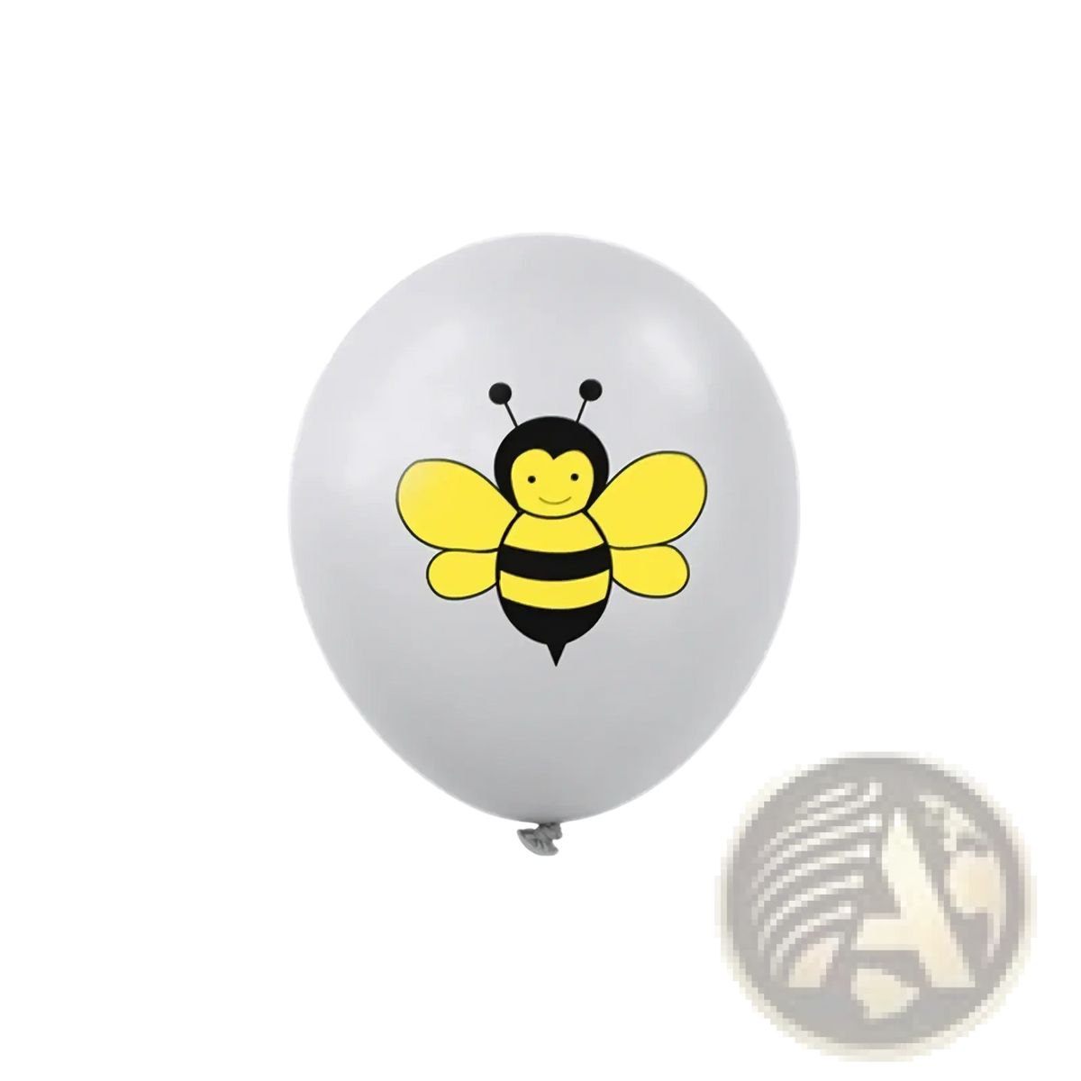 A white latex balloon featuring a cheerful yellow and black cartoon bee from the Bee Birthday Party Balloon Set