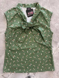 Olive green vintage bee print sleeveless cotton blouse with matching fabric bow at the neckline
