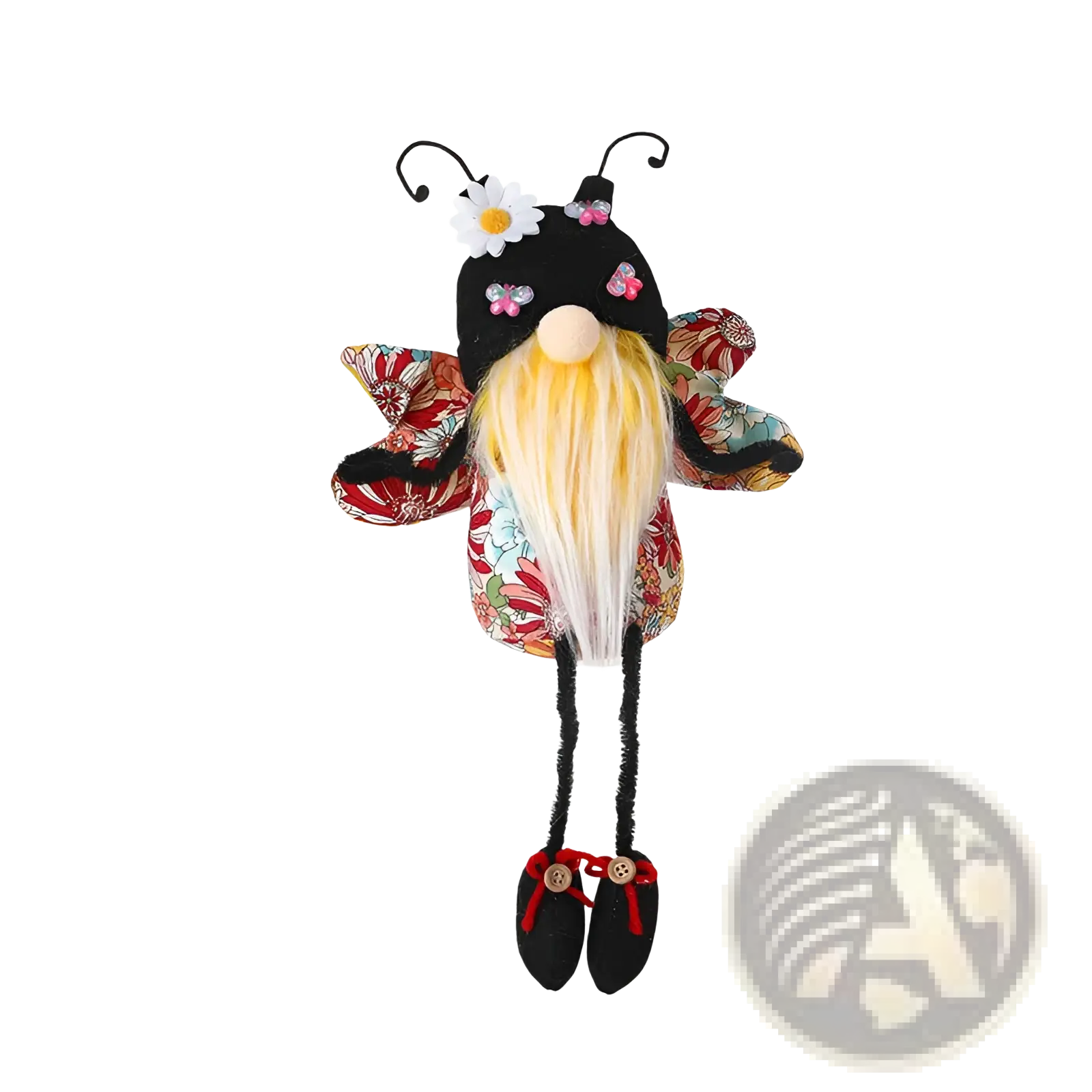 Bee gnome plush long leg faceless doll decor in black with floral wings shoes and a long blonde beard adorned with flowers