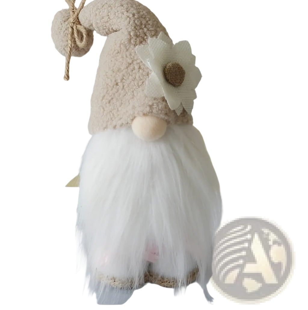 A plush beige-furred bee gnome with a fluffy white beard and a flower-adorned hat for home decor