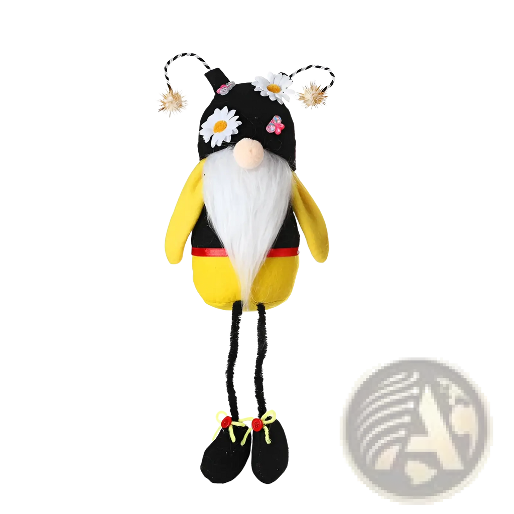 Bee gnome plush long leg faceless doll decor with black hat, white daisies, striped antennae, yellow body, and pipe-cleaner legs