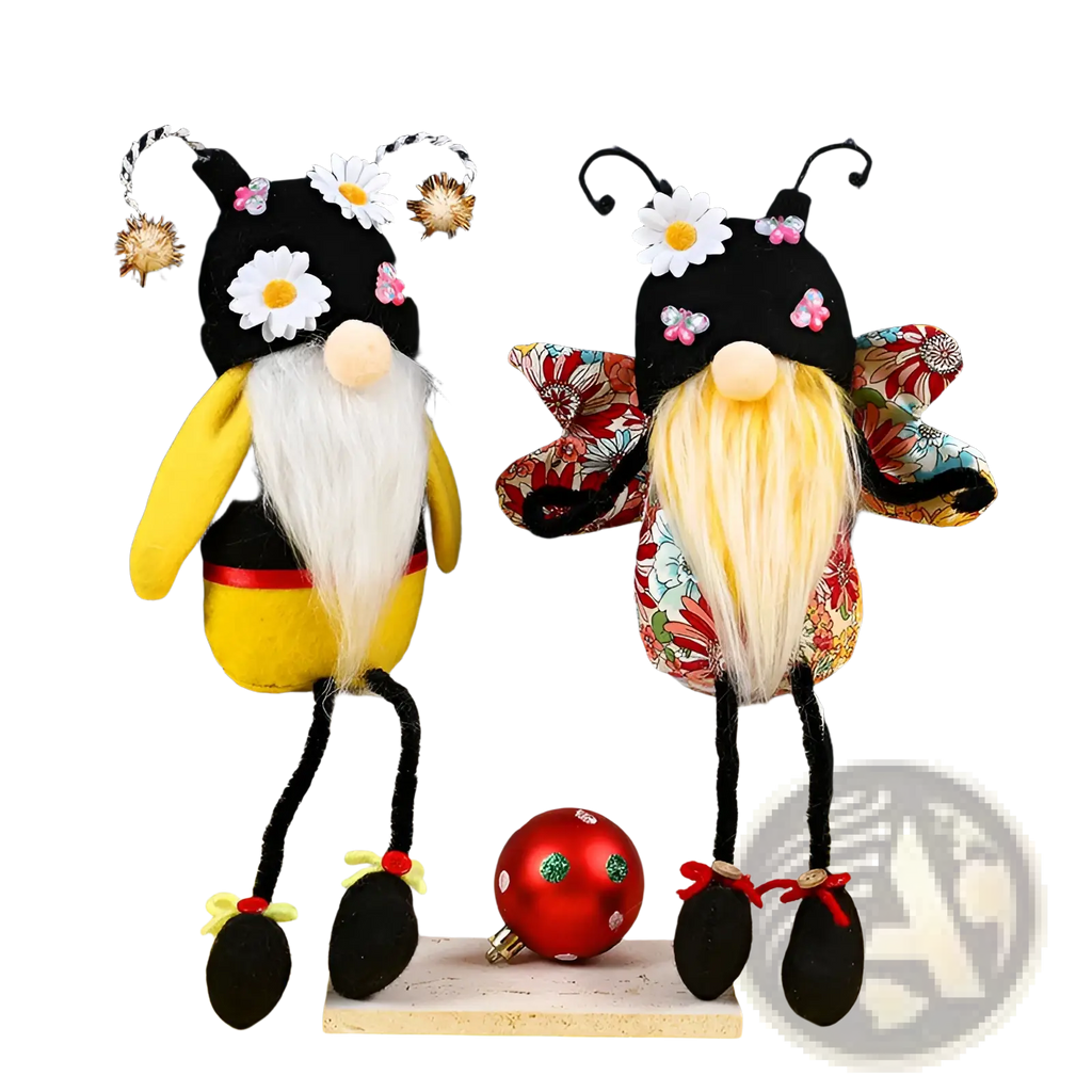 Two bee gnome plush long leg faceless dolls with black yellow and floral fabric hats and decorative flower accents