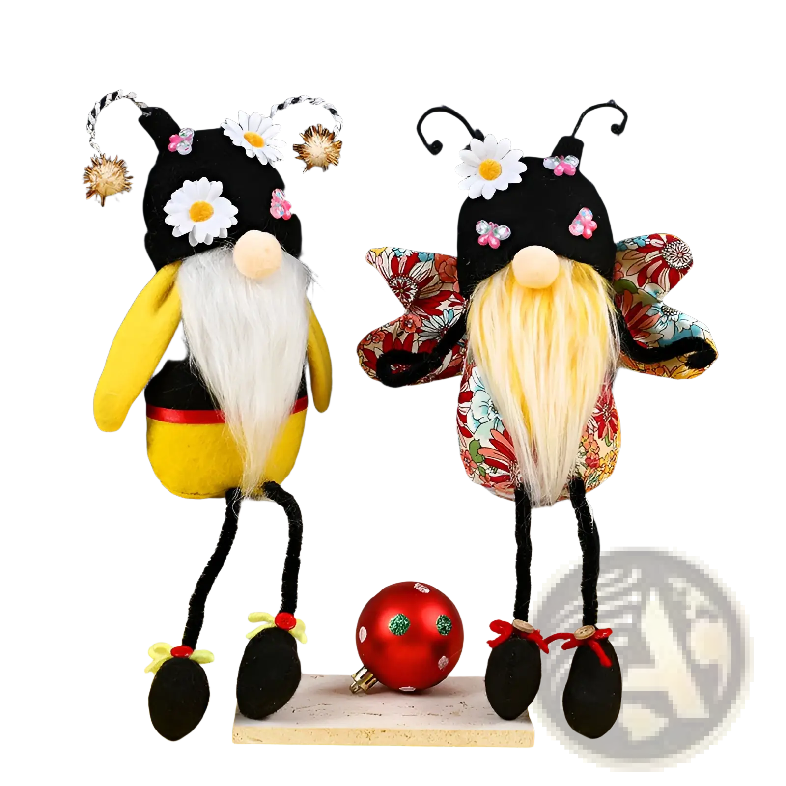 Two bee gnome plush long leg faceless dolls with black yellow and floral fabric hats and decorative flower accents