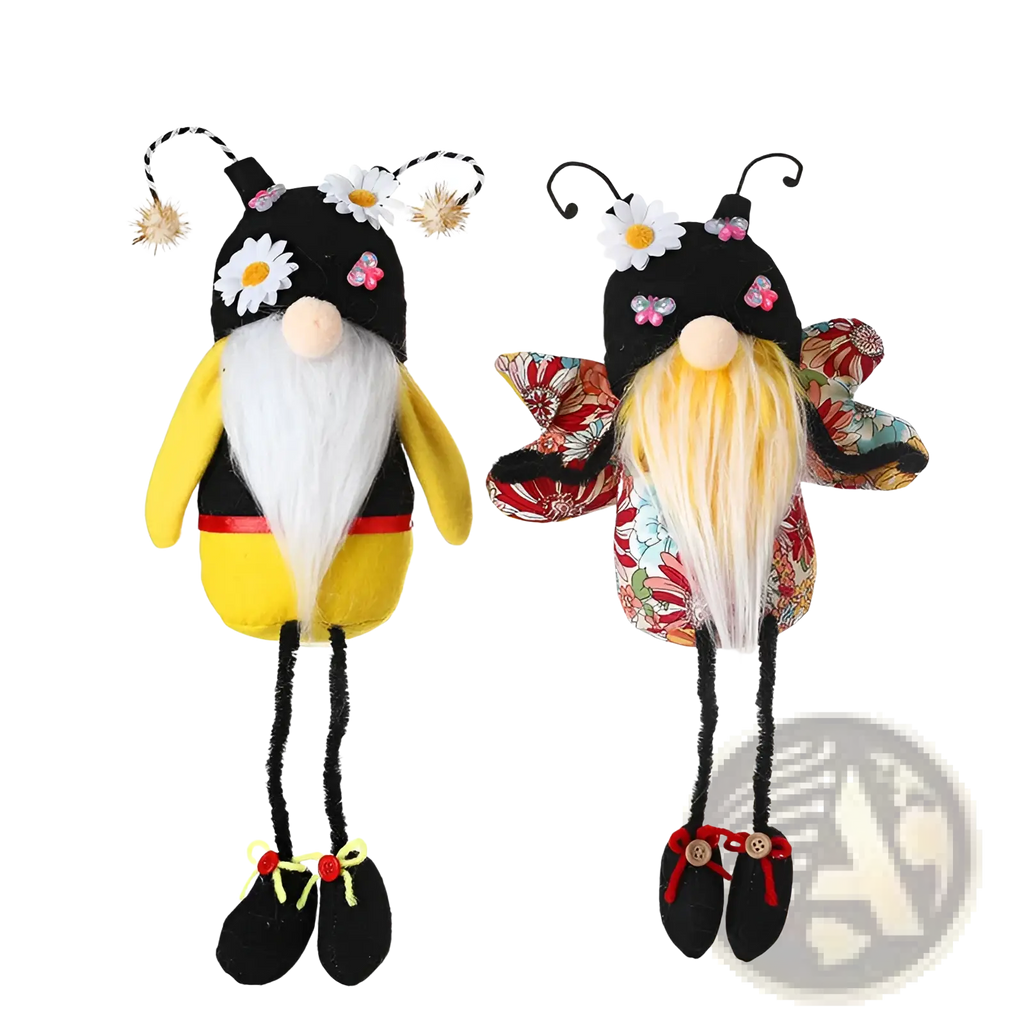 Two bee gnome plush long leg faceless dolls in yellow black stripes and floral fabric for decor use