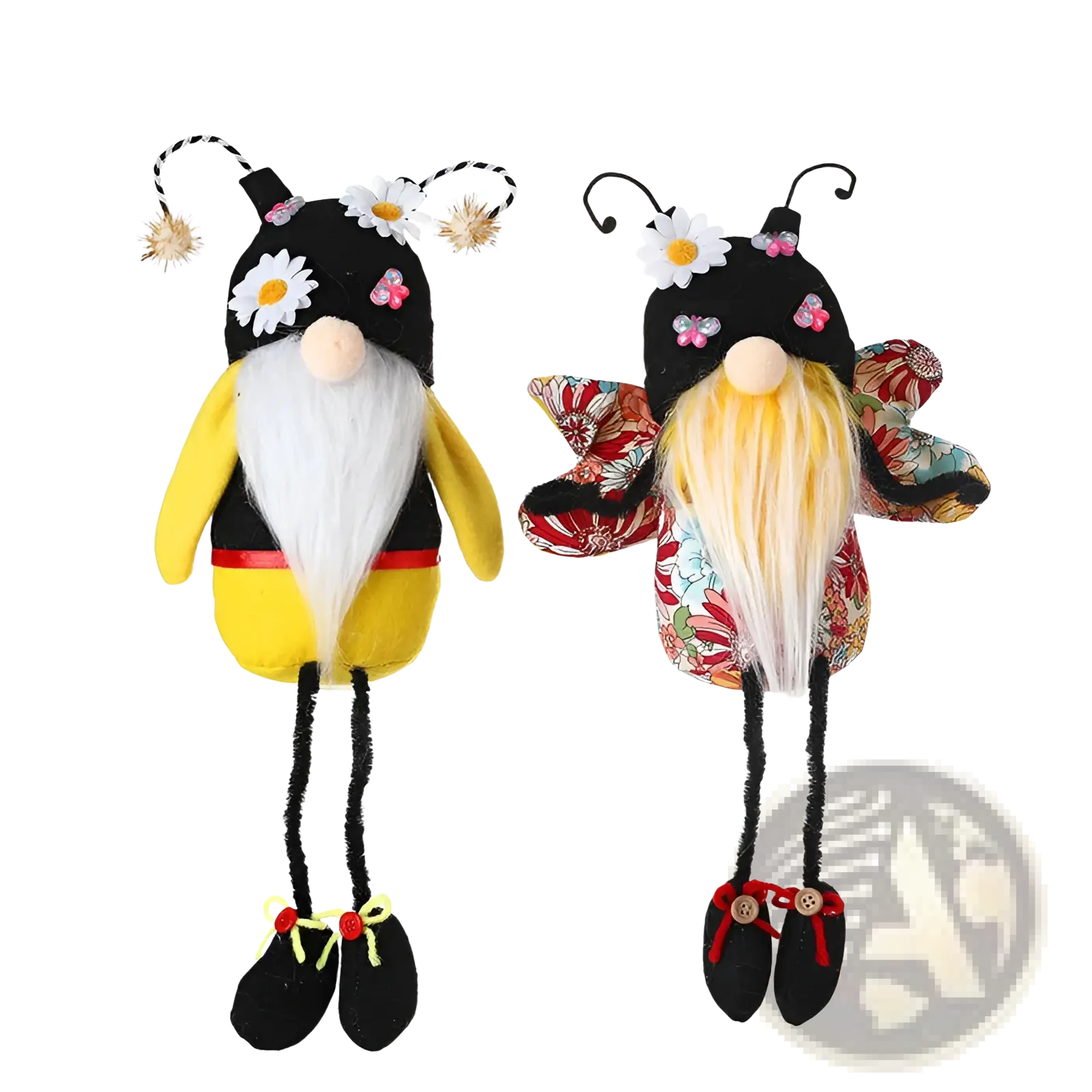 Two bee gnome plush long leg faceless dolls in yellow black stripes and floral fabric for decor use