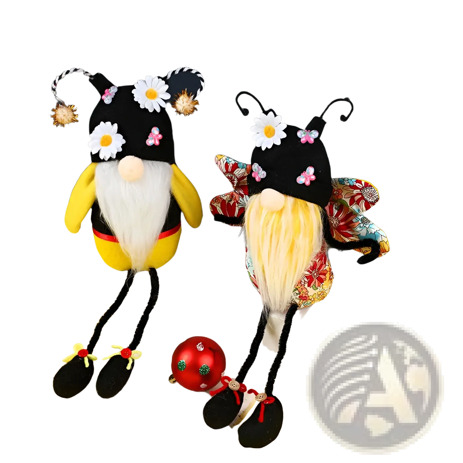 Two whimsical bee gnome plush long leg faceless doll decor in yellow and floral patterns with black hats and flower accents