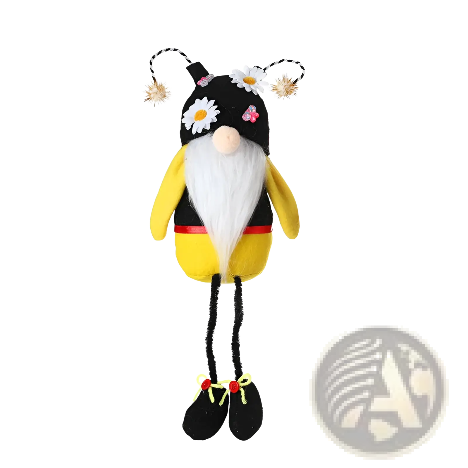 Bee gnome plush long leg faceless doll decor with black hat white daisies striped antennae yellow body and white beard
