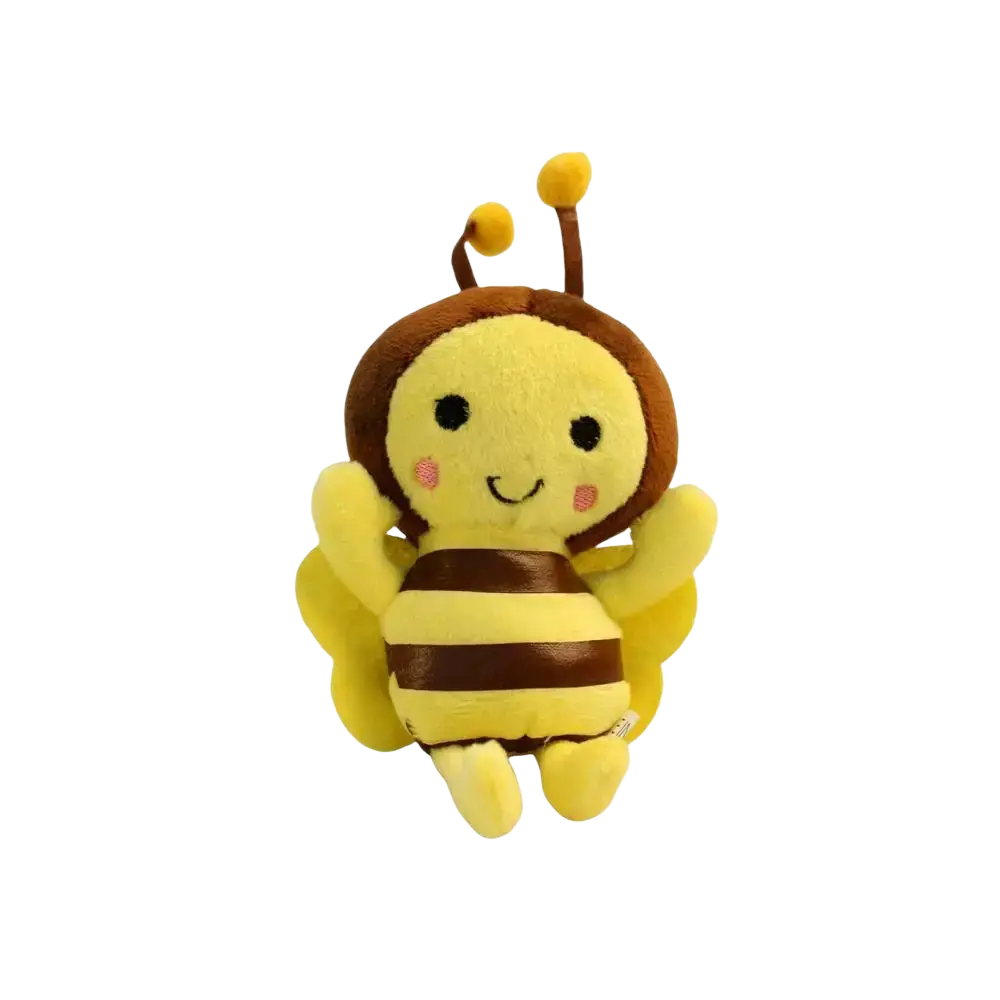A bee stuffed animal plush toy with yellow and brown stripes soft fabric and embroidered facial features