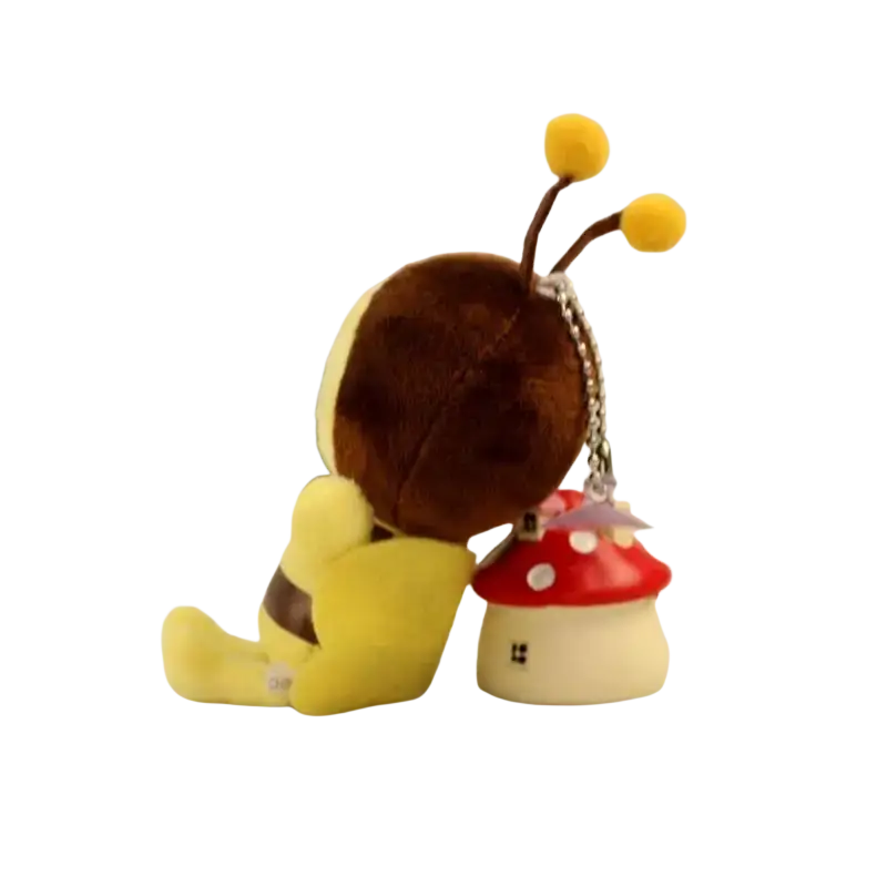 Yellow plush bee stuffed animal keychain with brown head and silver chain attachment soft bumblebee toy