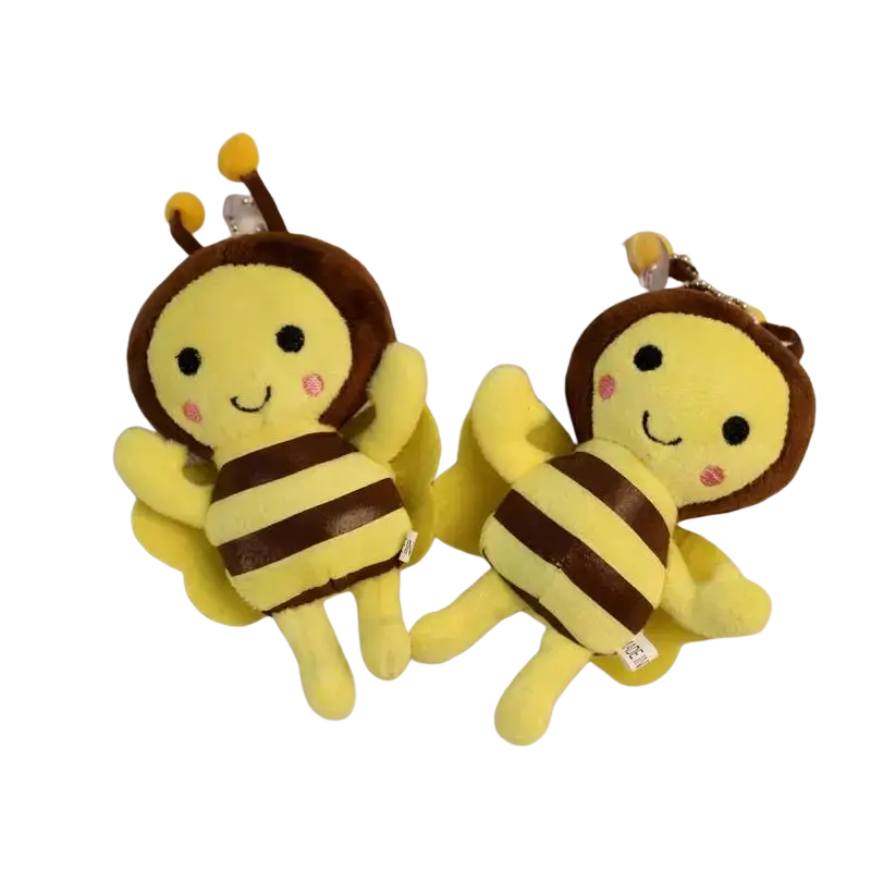 Cute yellow and brown bee stuffed animal plush toy keychains with striped bodies, pink cheeks, and soft antennae