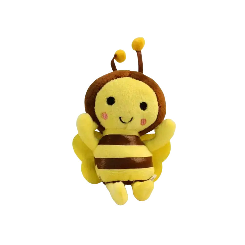 A soft yellow and brown bee stuffed animal plush toy with embroidered facial features for cuddly play