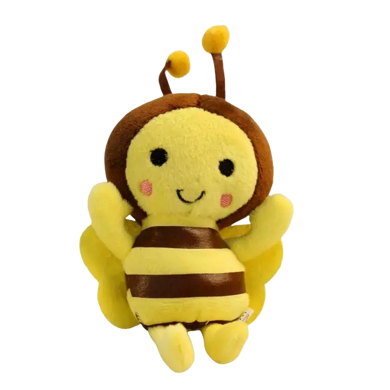 A soft bee stuffed animal plush toy with yellow and brown colors, embroidered black eyes, and pink cheeks
