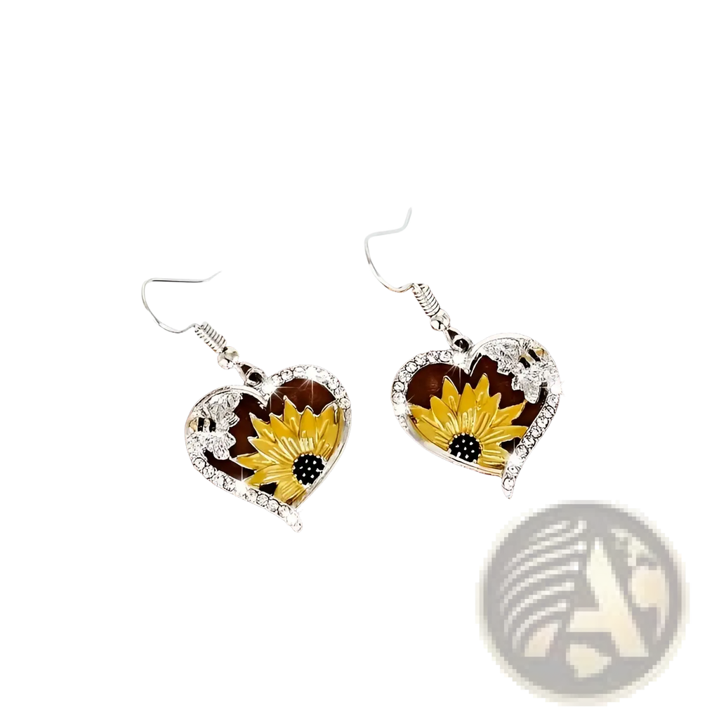 Silver heart-shaped earrings with vibrant yellow sunflower and clear crystal rhinestones bee and sunflower design