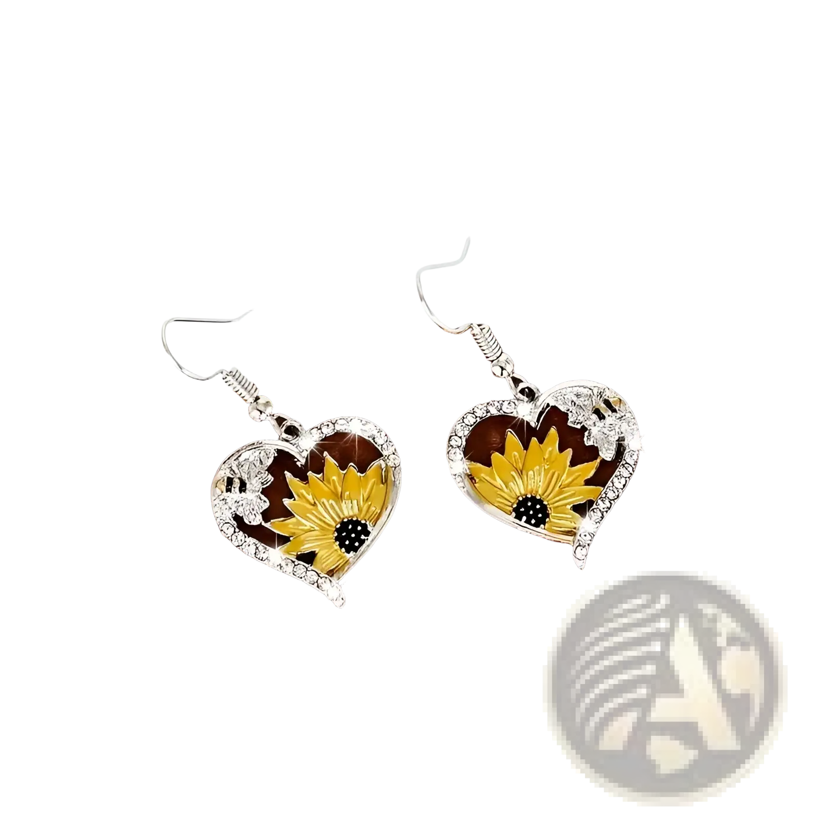 Silver heart-shaped earrings with vibrant yellow sunflower and clear crystal rhinestones bee and sunflower design