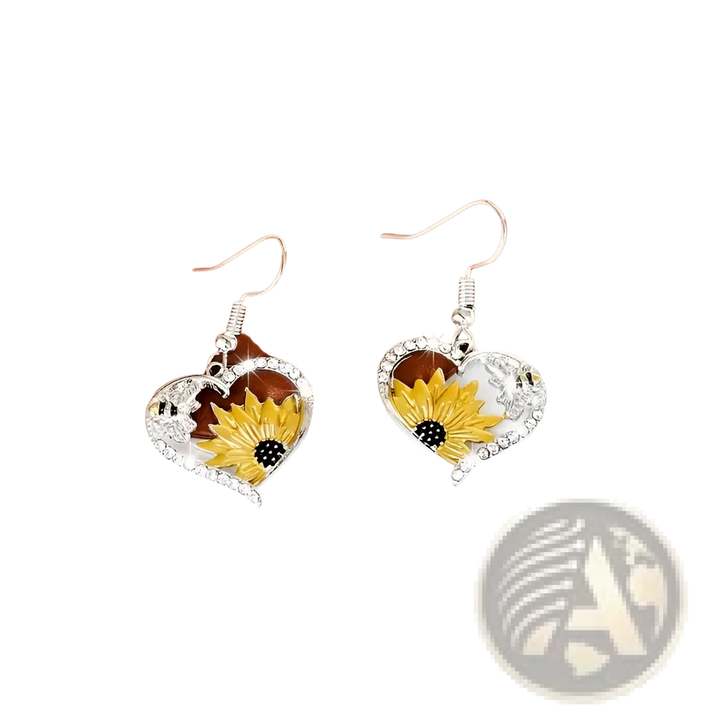 Silver heart-shaped earrings with yellow sunflower black center clear rhinestones and delicate moon motifs bee and sunflower heart rhinestone silver earrings