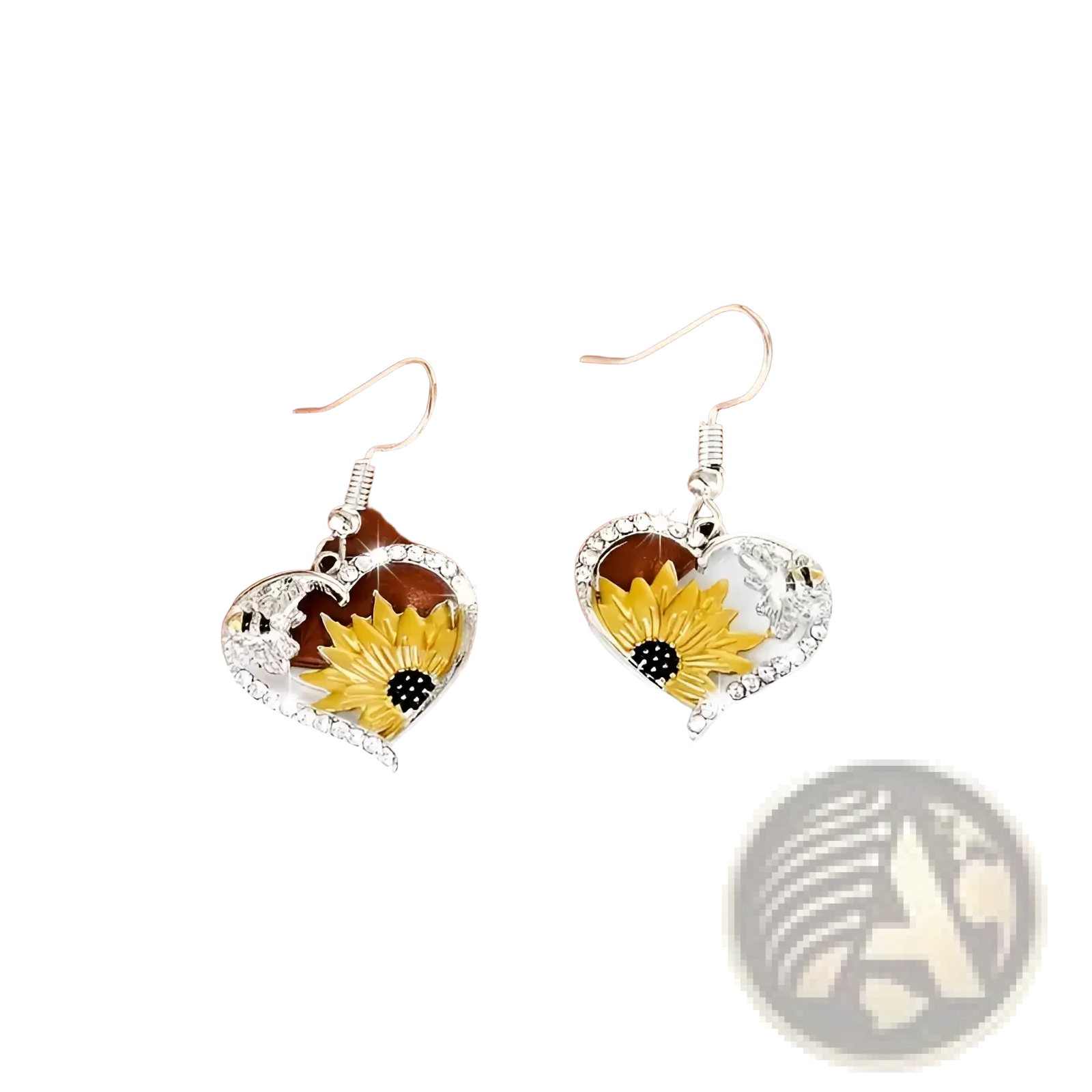 Silver heart-shaped earrings with yellow sunflower black center clear rhinestones and delicate moon motifs bee and sunflower heart rhinestone silver earrings