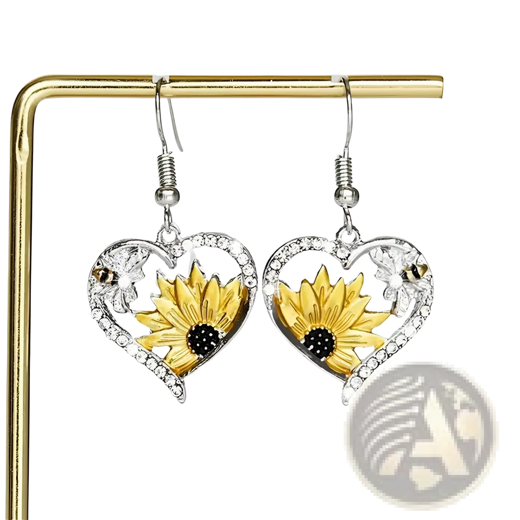 Bee and sunflower heart rhinestone silver earrings featuring yellow sunflower, clear rhinestones, and bee accents
