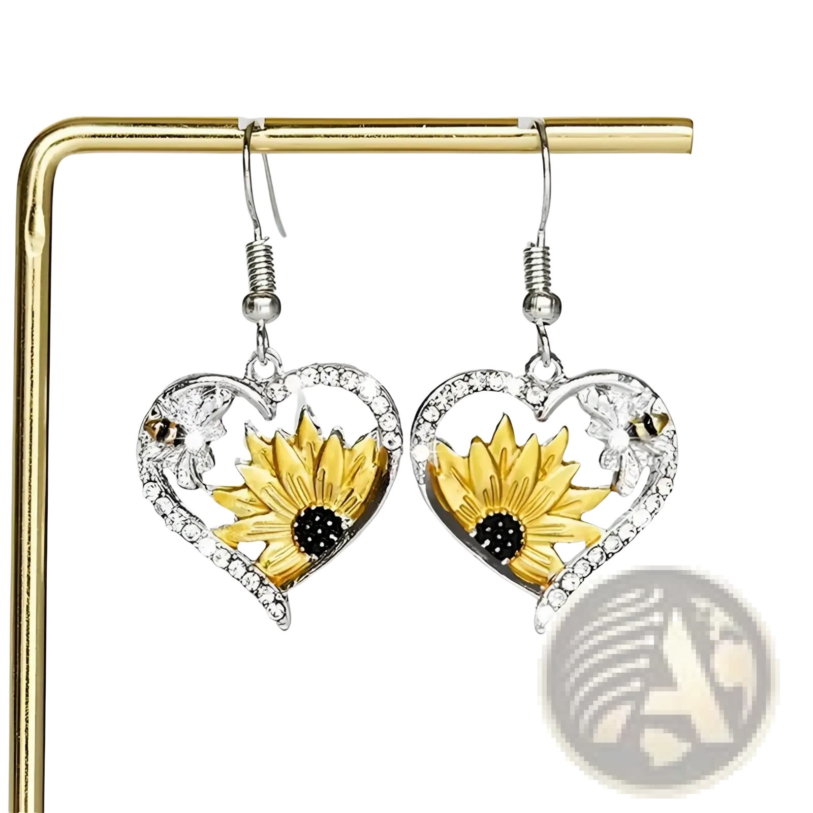 Bee and sunflower heart rhinestone silver earrings featuring yellow sunflower, clear rhinestones, and bee accents