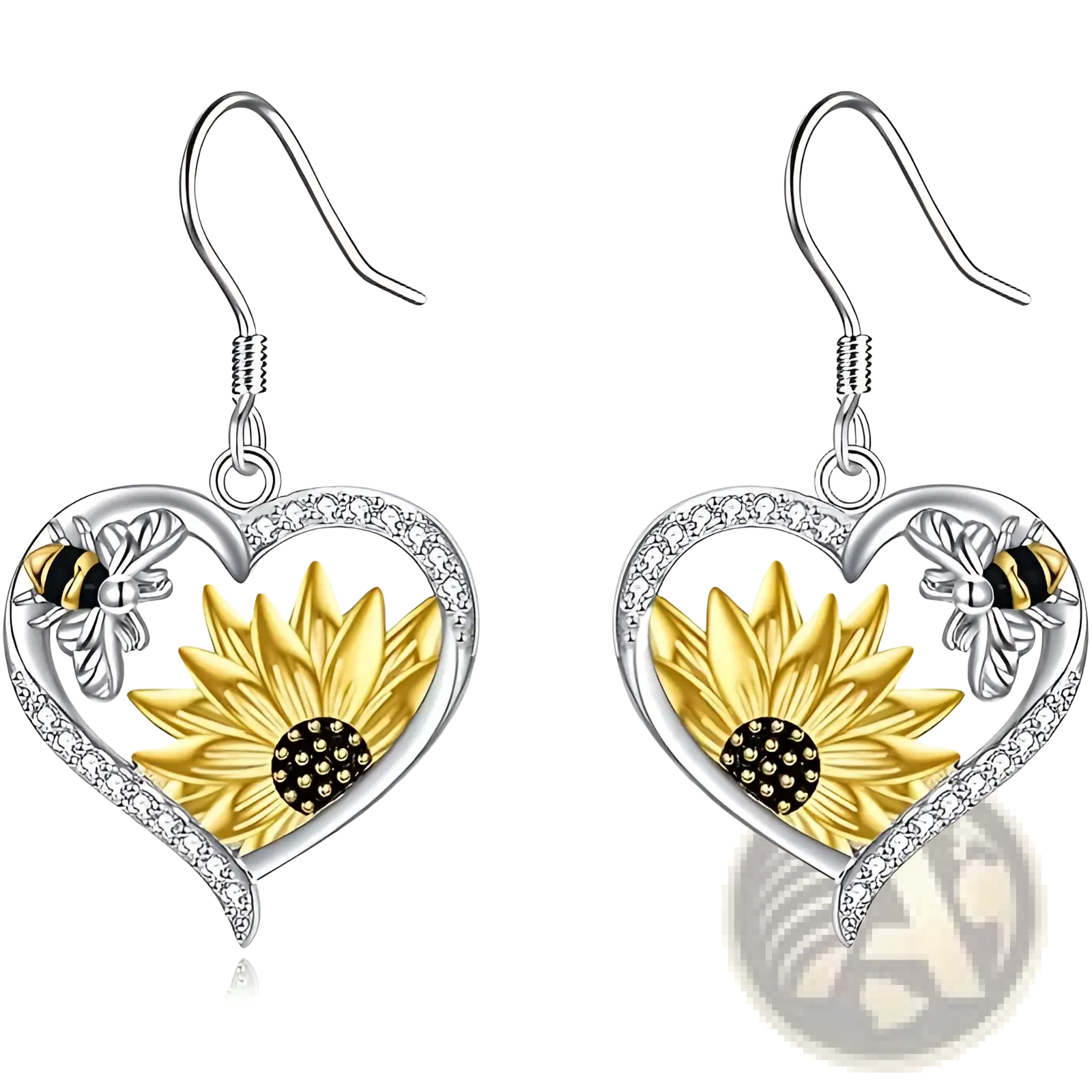 Silver heart-shaped earrings featuring a golden sunflower and black yellow bee design with clear crystal accents