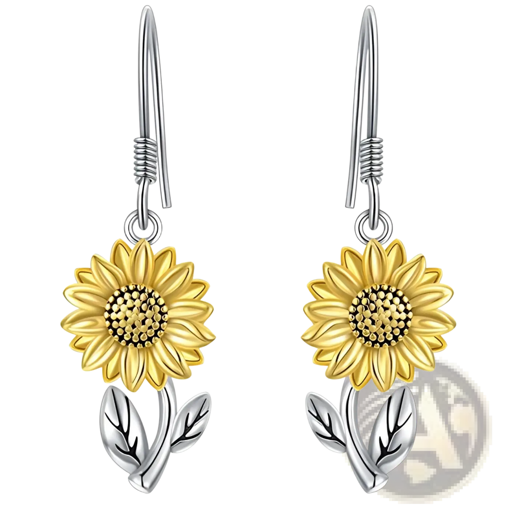 Delicate bee and sunflower heart rhinestone silver earrings with golden bloom petals and silver leaves on slender stems