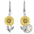 Delicate bee and sunflower heart rhinestone silver earrings with golden bloom petals and silver leaves on slender stems
