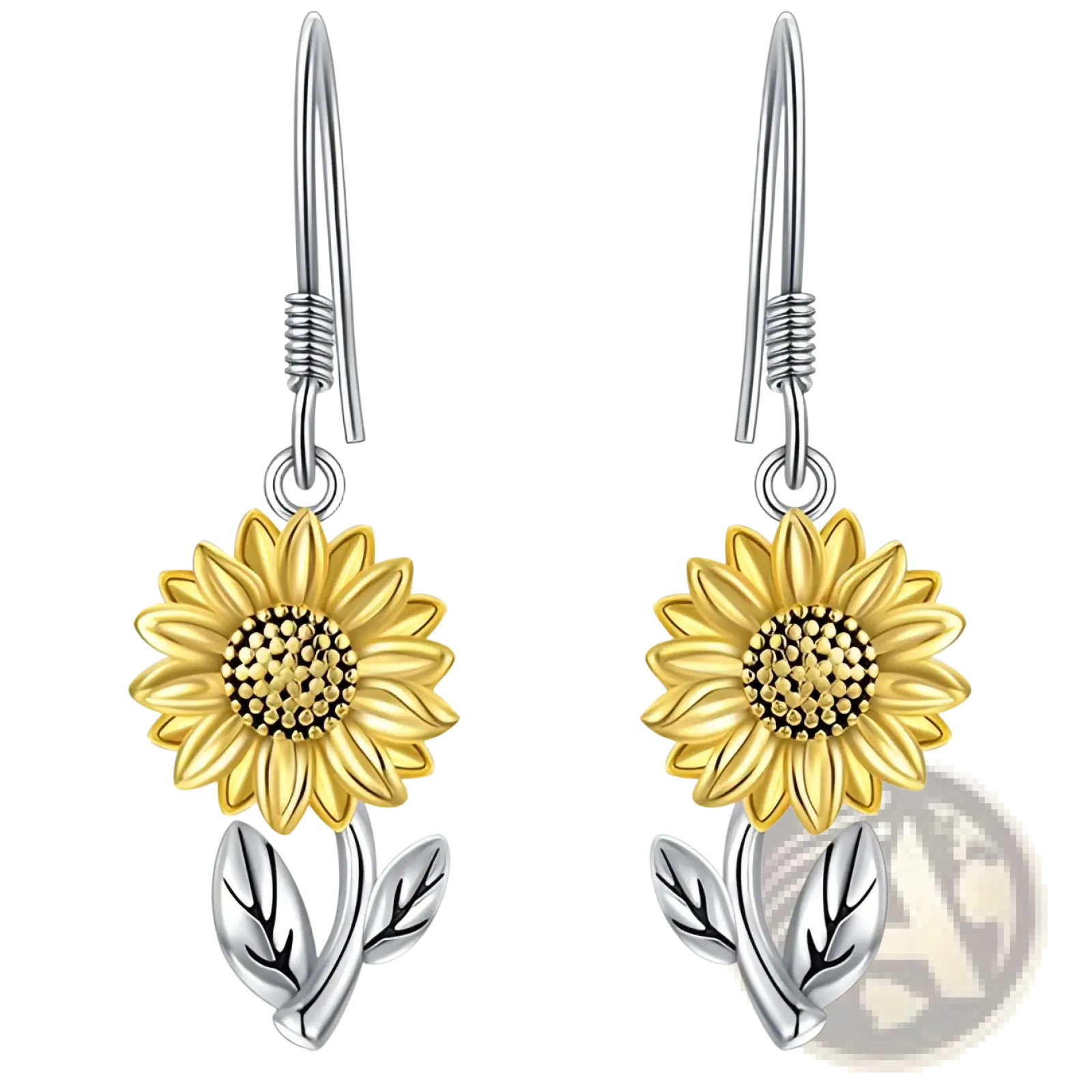 Delicate bee and sunflower heart rhinestone silver earrings with golden bloom petals and silver leaves on slender stems