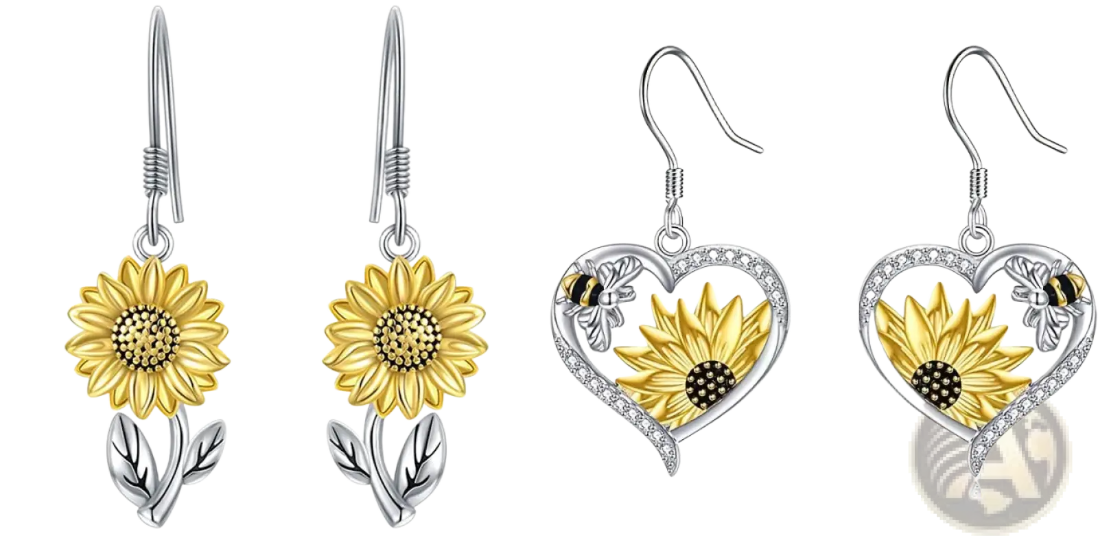 Golden sunflower earrings with silver leaves and stems featuring a heart design with rhinestones in silver setting